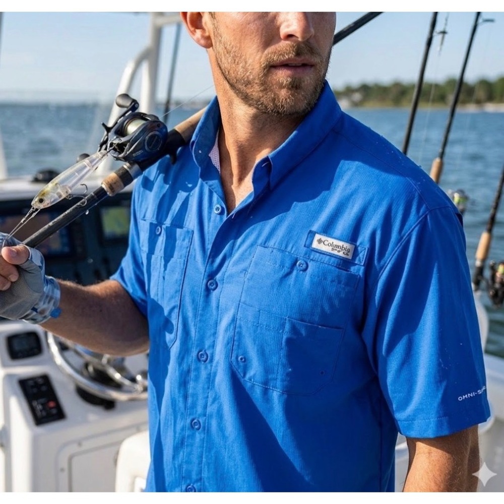 Columbia PFG Tamiami II Fishing Shirt Mens XL Blue Short Sleeve Omni-Shade UPF